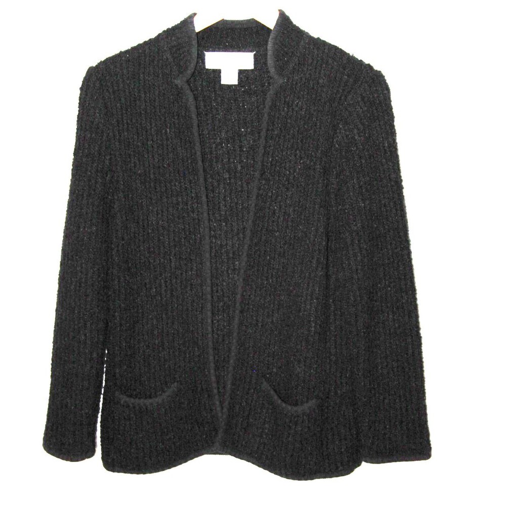 Side Effects Woman's Black Open Front Fuzzy Knit Cardigan Sweater Pockets Lg Vtg